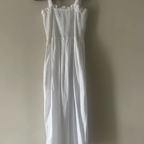 chinese dress ladies White Square Neck Smocked Bodice Cap Sleeve Eyelet Maxi Dress – SSYS